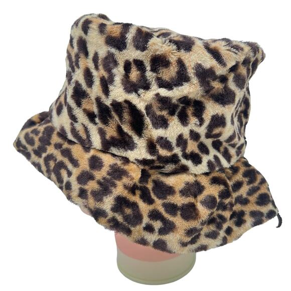 Leopard Cheetah Print Bucket Hat Vtg Y2K Faux Fur Ribbon Boho Hippie Handmade - Picture 4 of 10